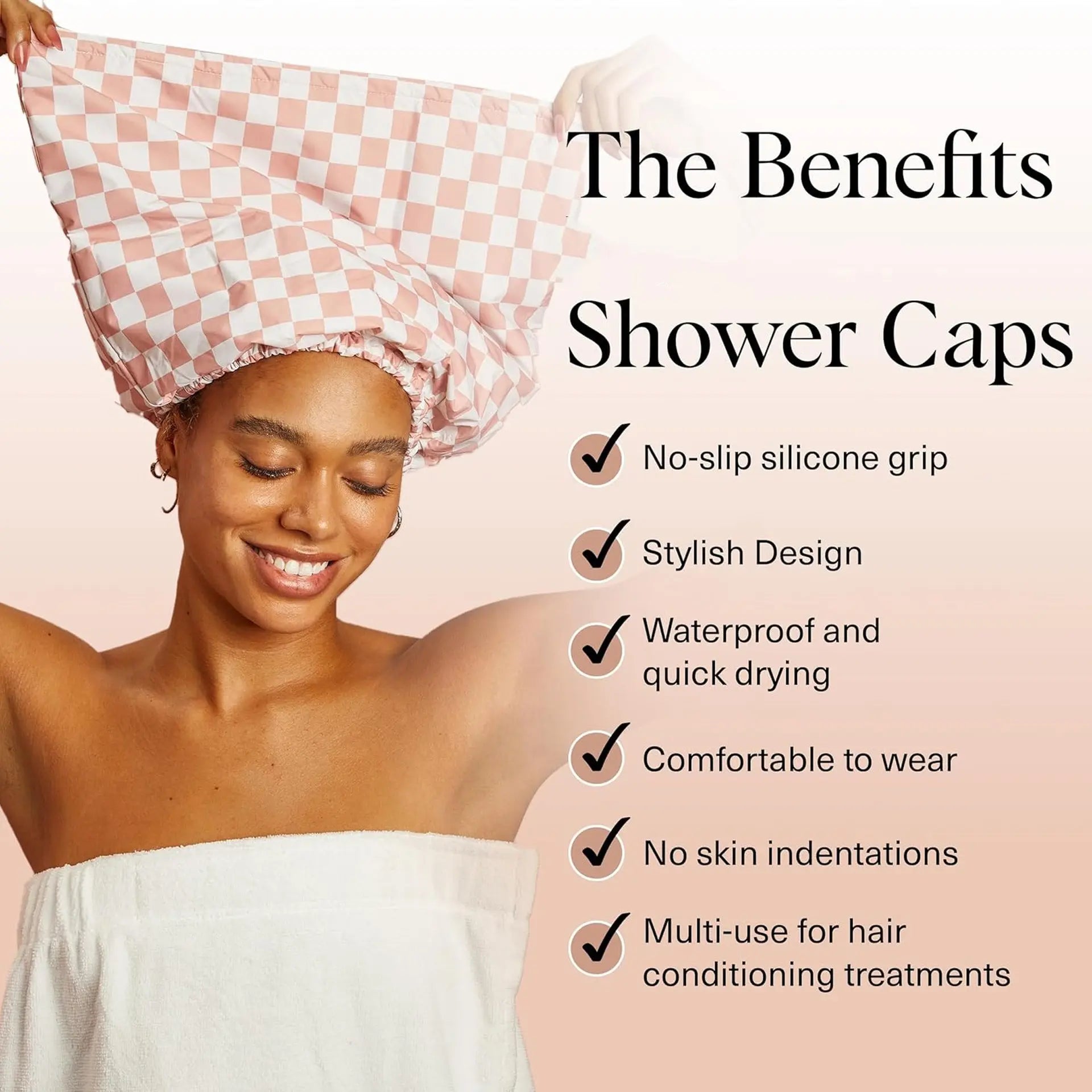 Waterproof Three-Layer Bath Cap with Silk-Like Lining and Checkered Design, Premium Hair Care Cap eprolo