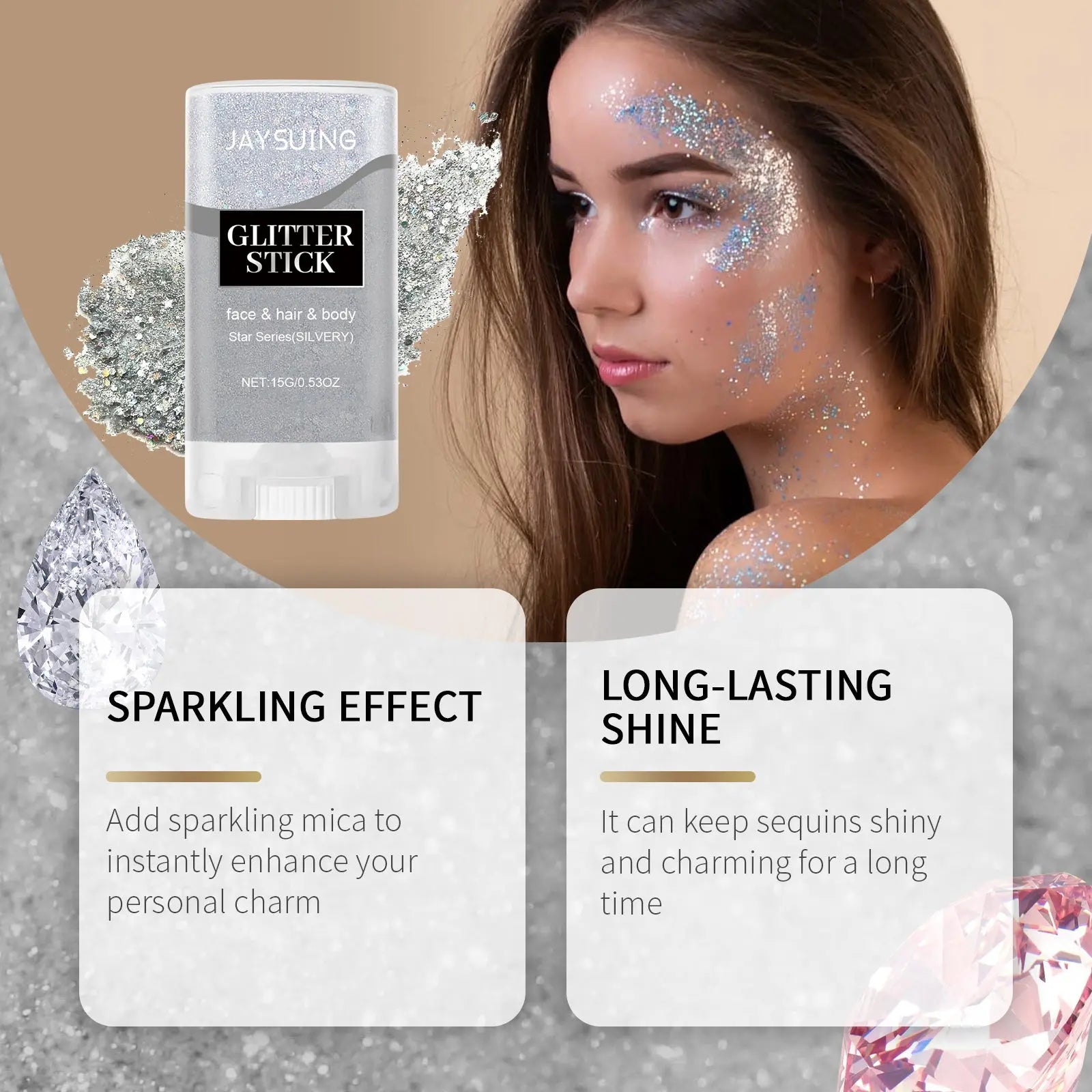 Jaysuing Sequined Glitter Stick (Silver), Party Dance, Performance, Makeup, Face, Body, Collarbone, Highlight And Shine eprolo