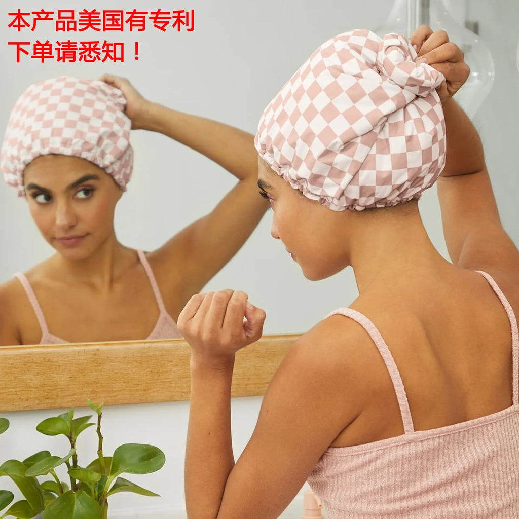 Waterproof Three-Layer Bath Cap with Silk-Like Lining and Checkered Design, Premium Hair Care Cap eprolo
