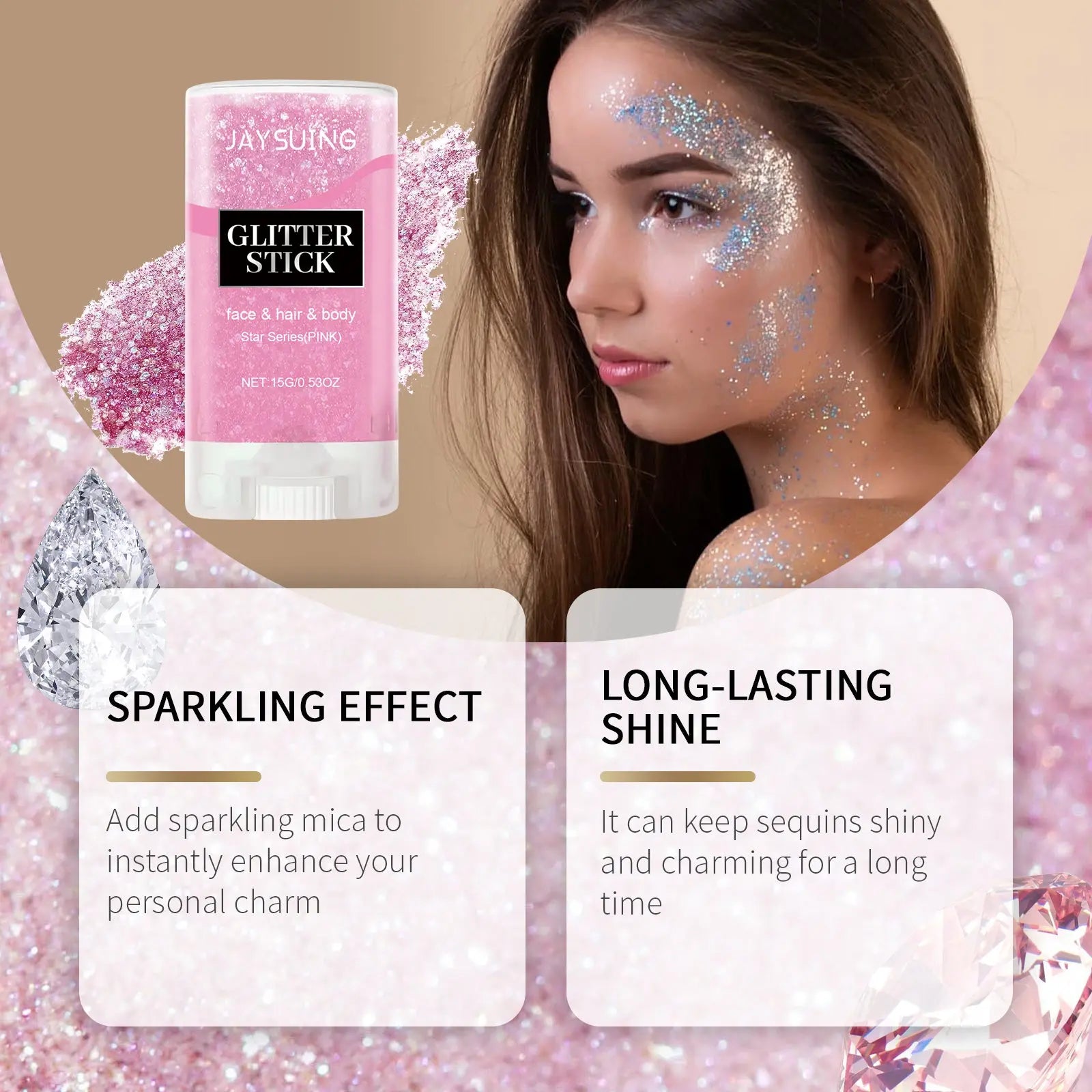 Jaysuing  Sequined Glitter Stick (Pink), Party, Dance, Performance, Makeup, Face, Body, Collarbone, Highlight And Shine eprolo